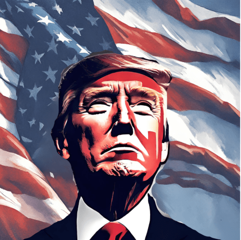 Im Vordergrund ist das gezeichnete Portrait eines grimmig schauenden Donald Trump, hinter ihm die wehende amerikanische Flagge