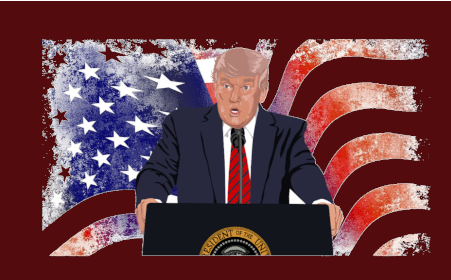 Grafik von Donald Trump am Rednerpult vor der amerikanischen Flagge