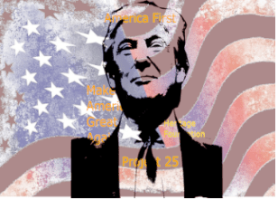 Bild von siegessicherem Donald Trump vor der amerikanischen Flagge mit Schriftzügen