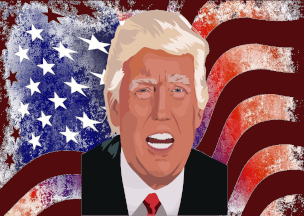 llustration von wütendem Donald Trump vor amerikanischer Flagge