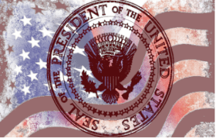 Illustration des amerikanischen Siegels vor der amerikanischen Flagge