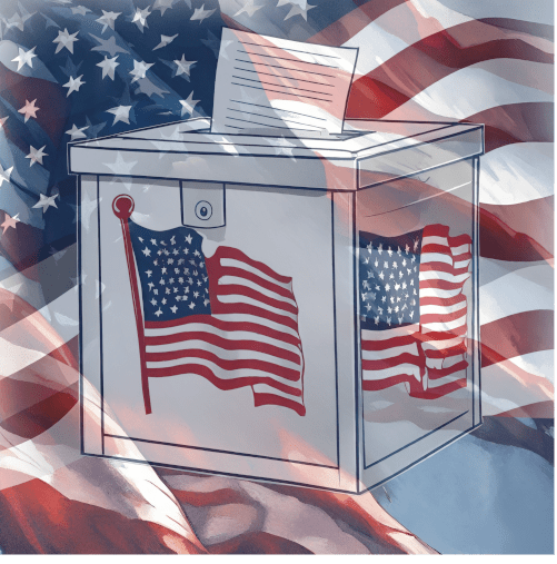 Im Vordergrund schwebt eine Wahlurne mit amerikanischer Flagge auf der Vorderseite, dahinter weht die amerikanische Flagge