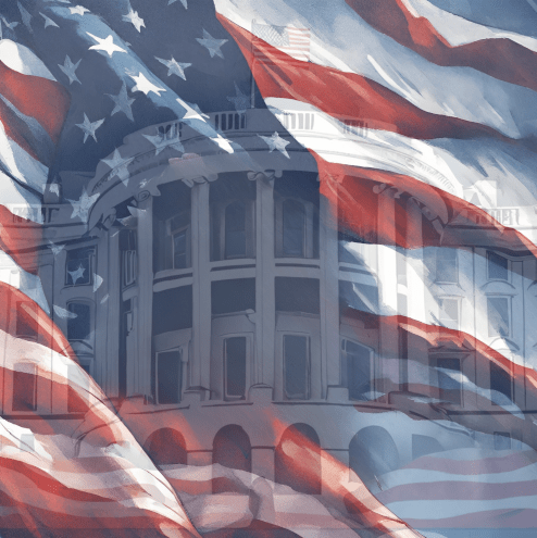 Im Hintergrund scheint ein Teil des Weißen Hauses durch die im Vordergrund wehende amerikanische Flagge